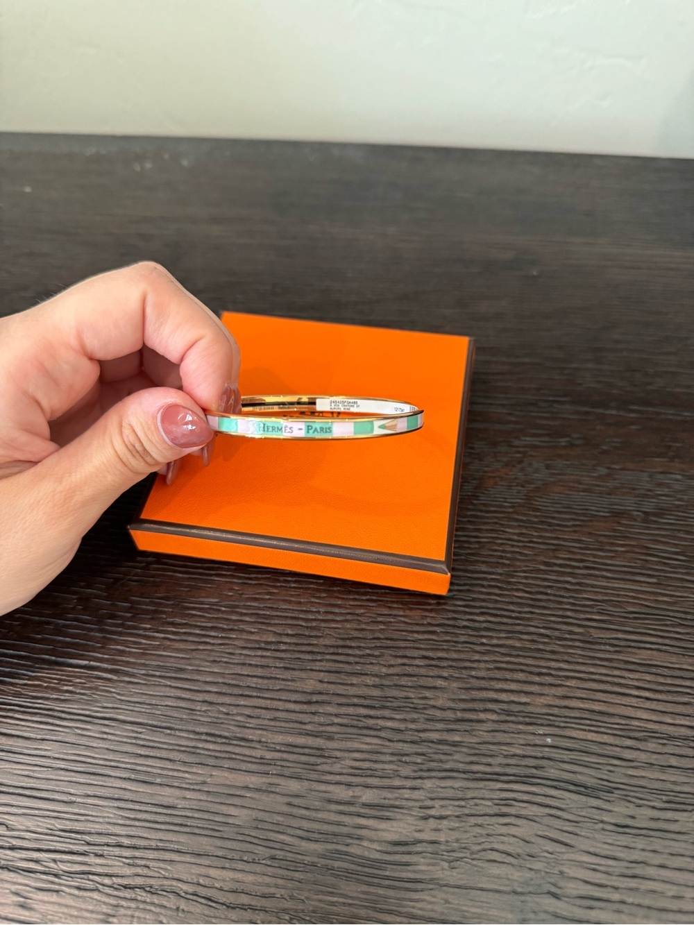 Hermes Green and Pink Enamel Thin Bangle Bracelet